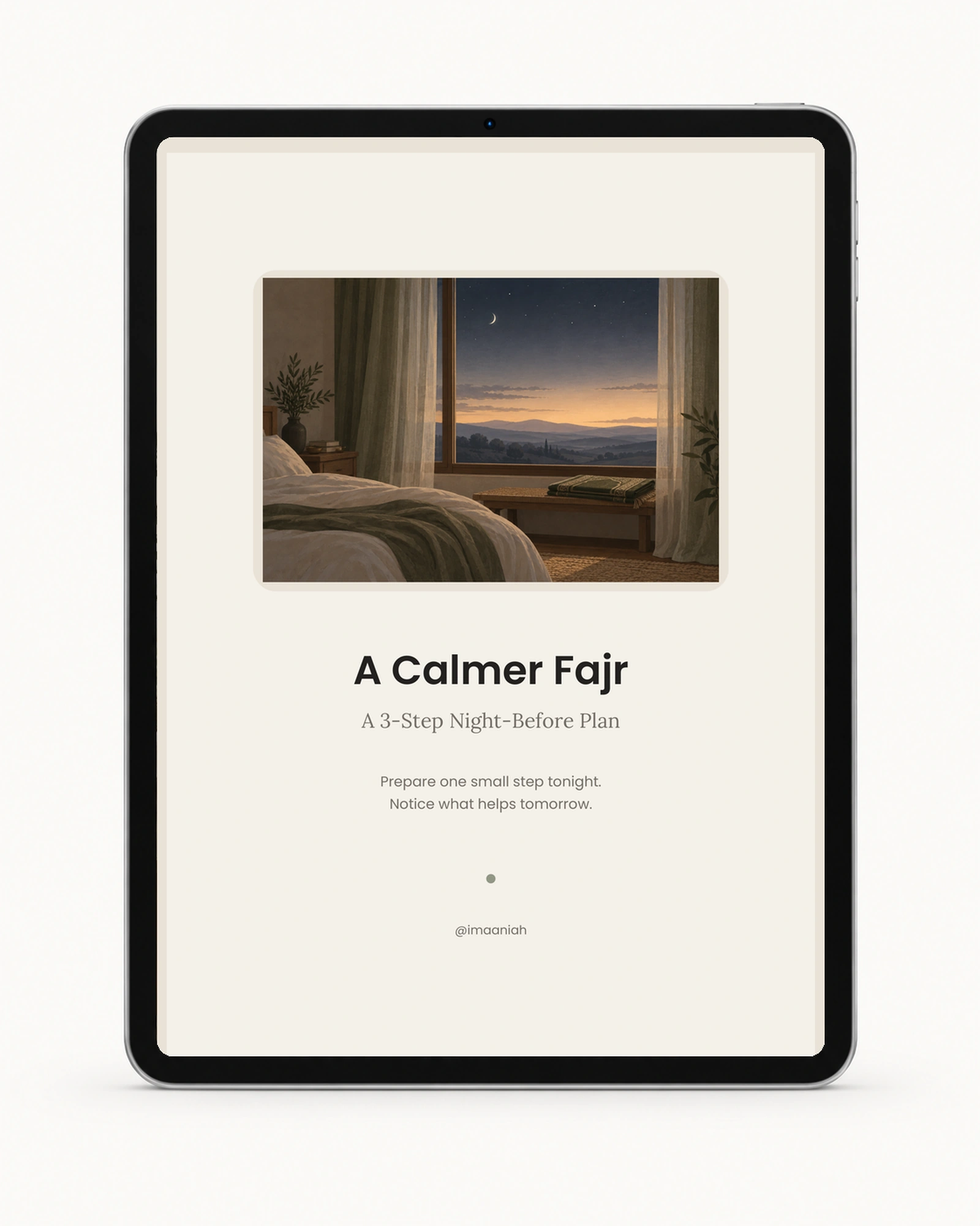 A Calmer Fajr free guide cover displayed on a silver tablet